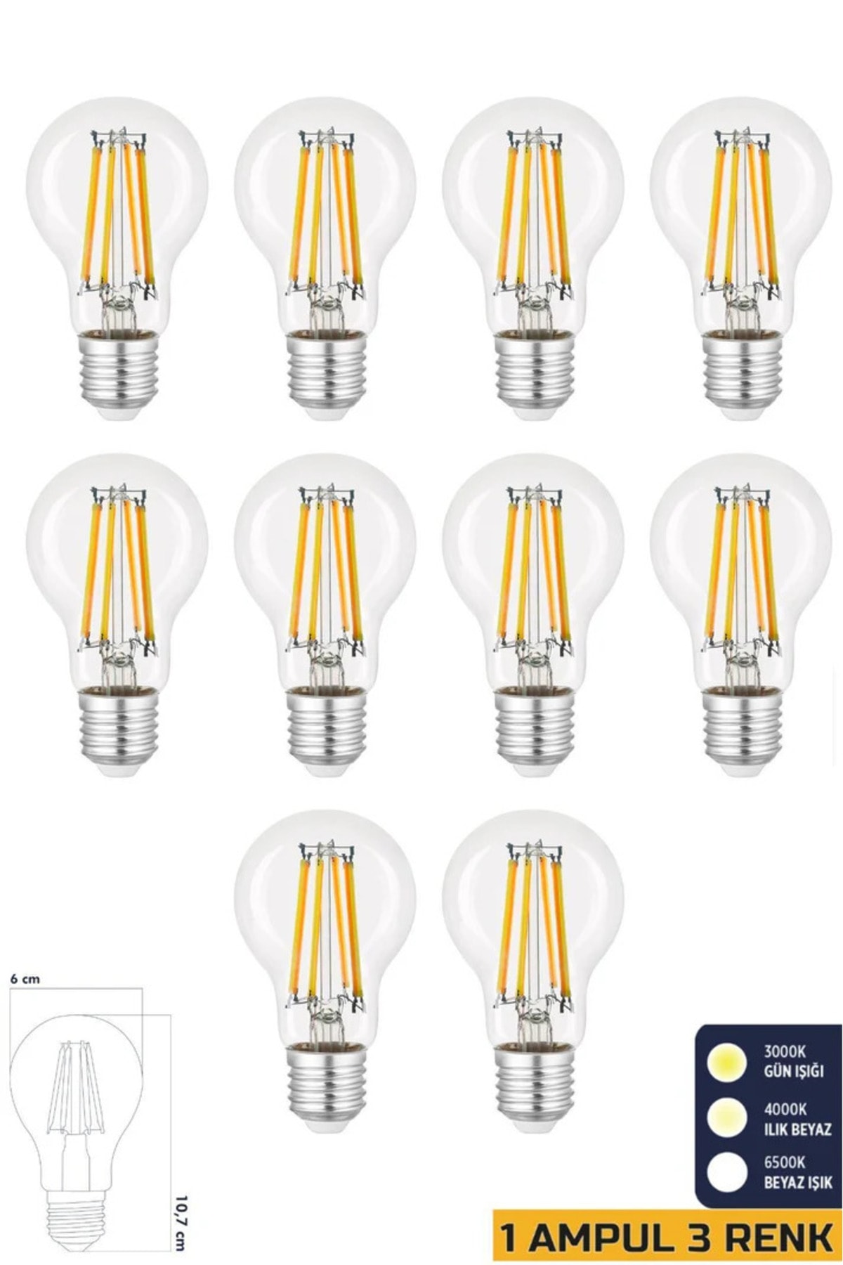 10 Adet 3 Renkli Led Filament Rustik Ampul 6W E27 A60 ERD-261