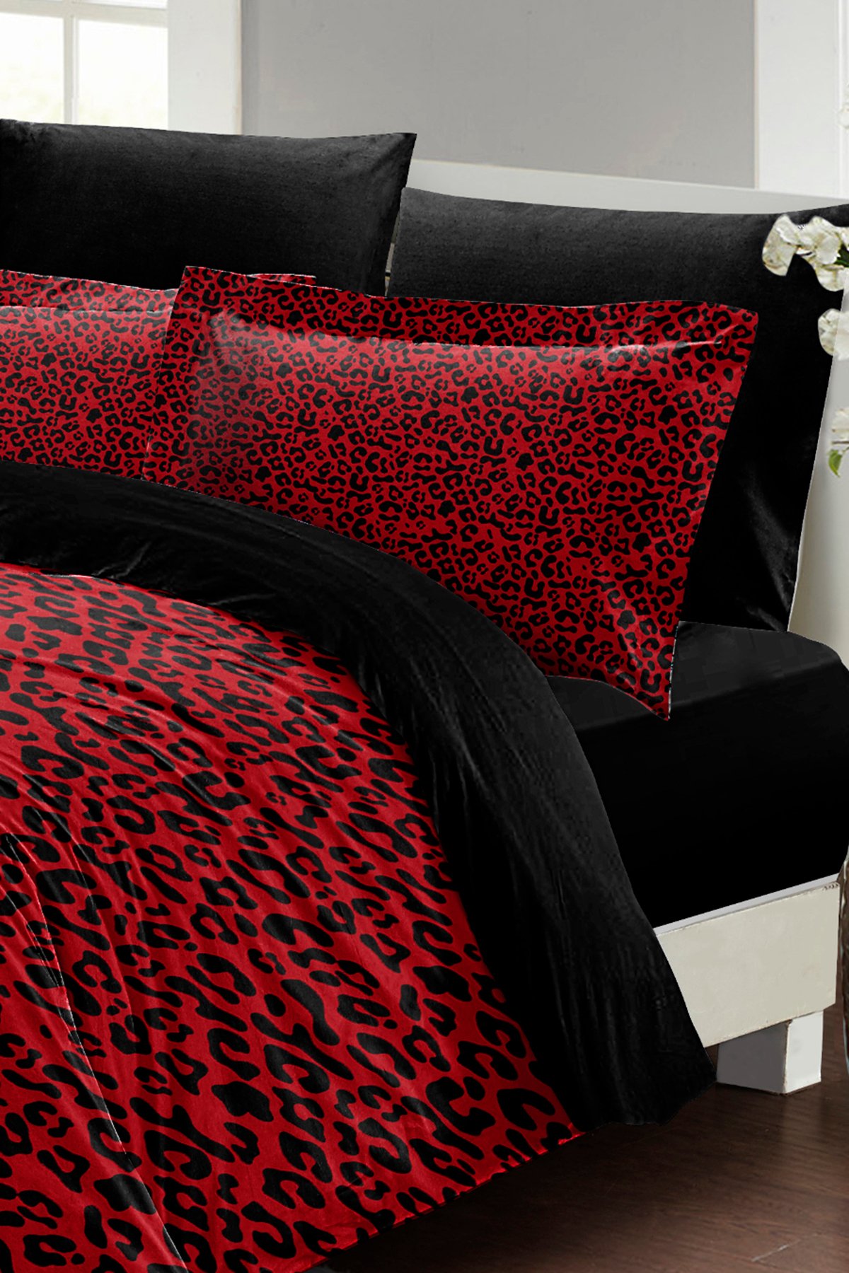 %100 Pamuk Saten 3d Çift Kişilik Nevresim Takımı Red Leopar
