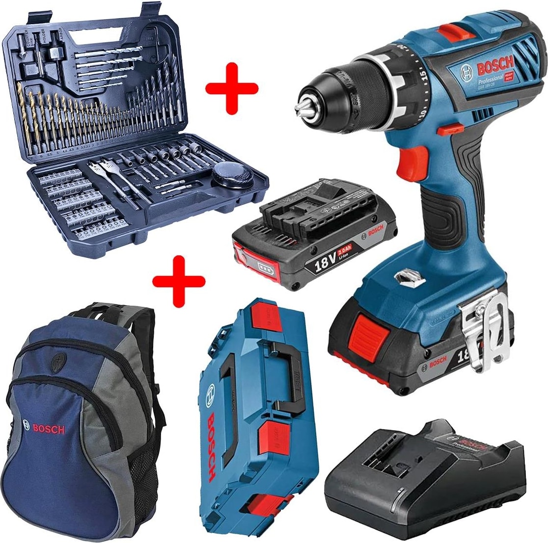 BOSCH Gsr 18V-28 (2 x 2.0 Ah) Çift Akülü Vidalama + L-Boxx + Sırt Çantası + V-Line 103 Parça Uç Seti