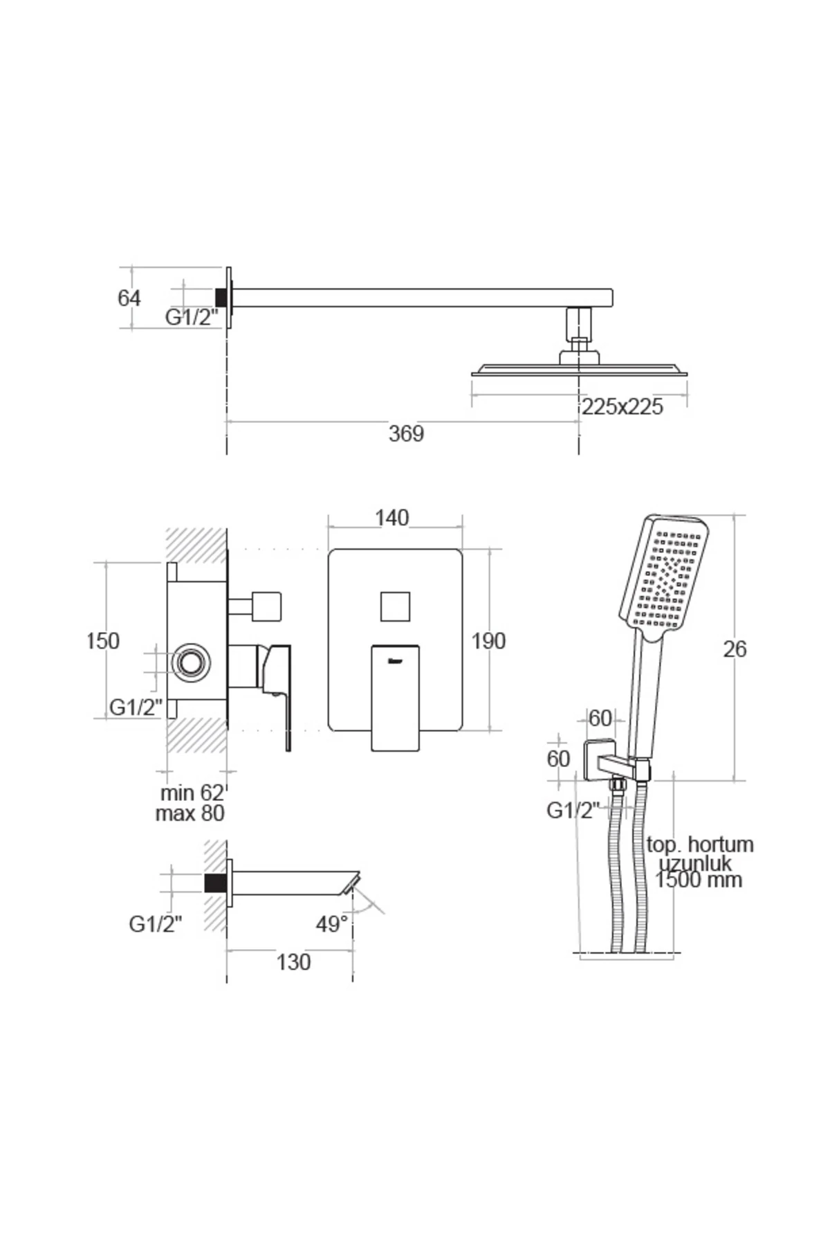 ANKASTRE SİYAH BANYO SETİ 2 YOLLU