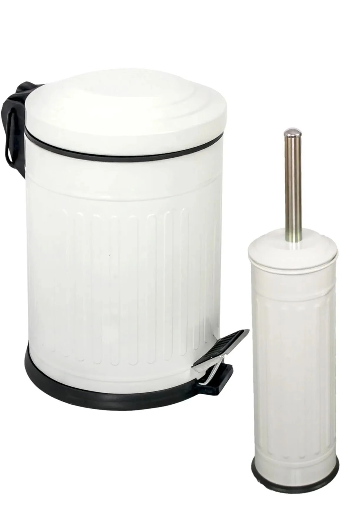 Vintage Serisi Amortisörlü Vintage Beyaz Banyo Seti Pedallı Çöp Kovası Wc Klozet Tuvalet Fırça Seti