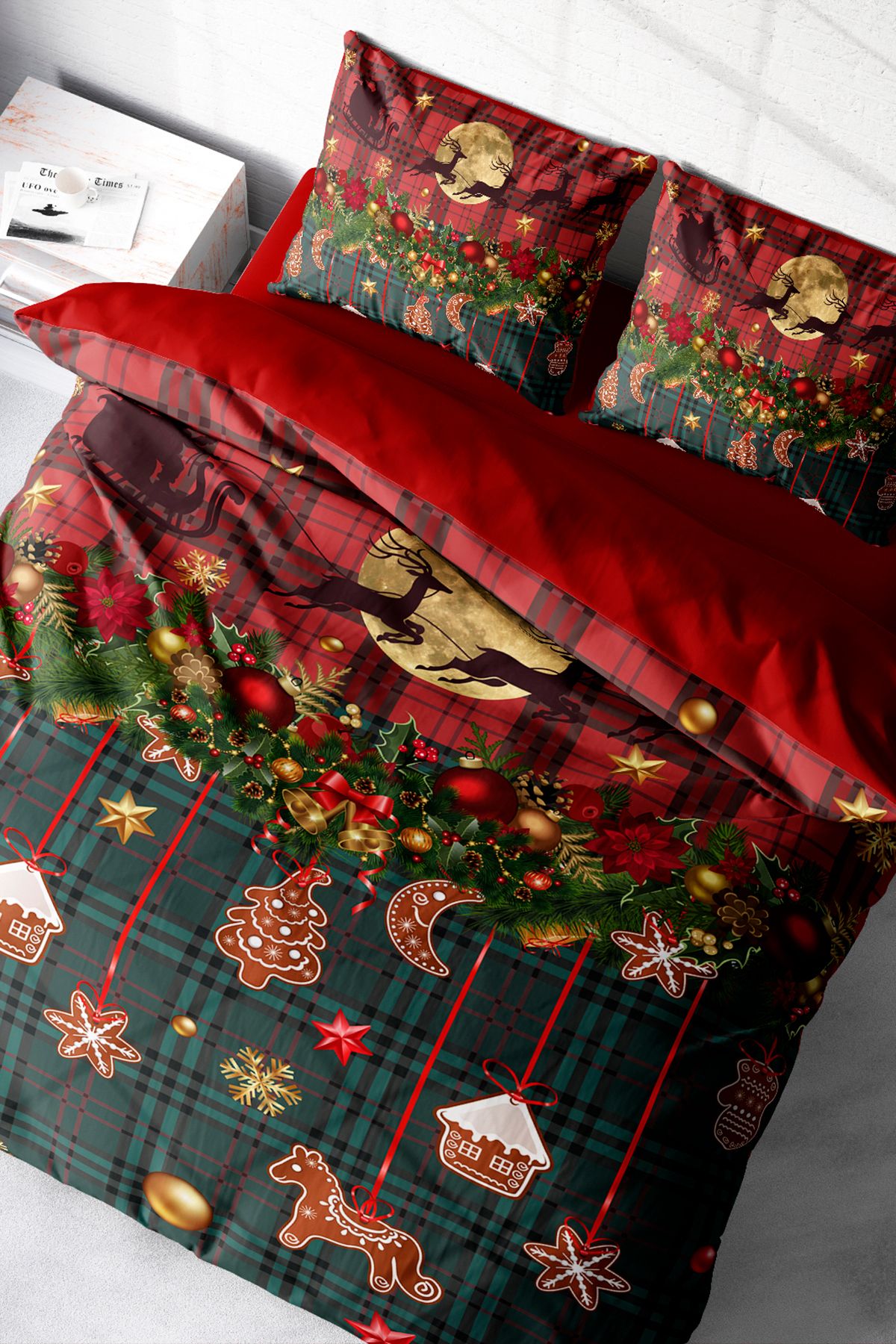 Kıng Sıze Yılbaşı Nevresim Takımı Çift Kişilik %100 Pamuk Saten Christmas Decorations 220x240cm