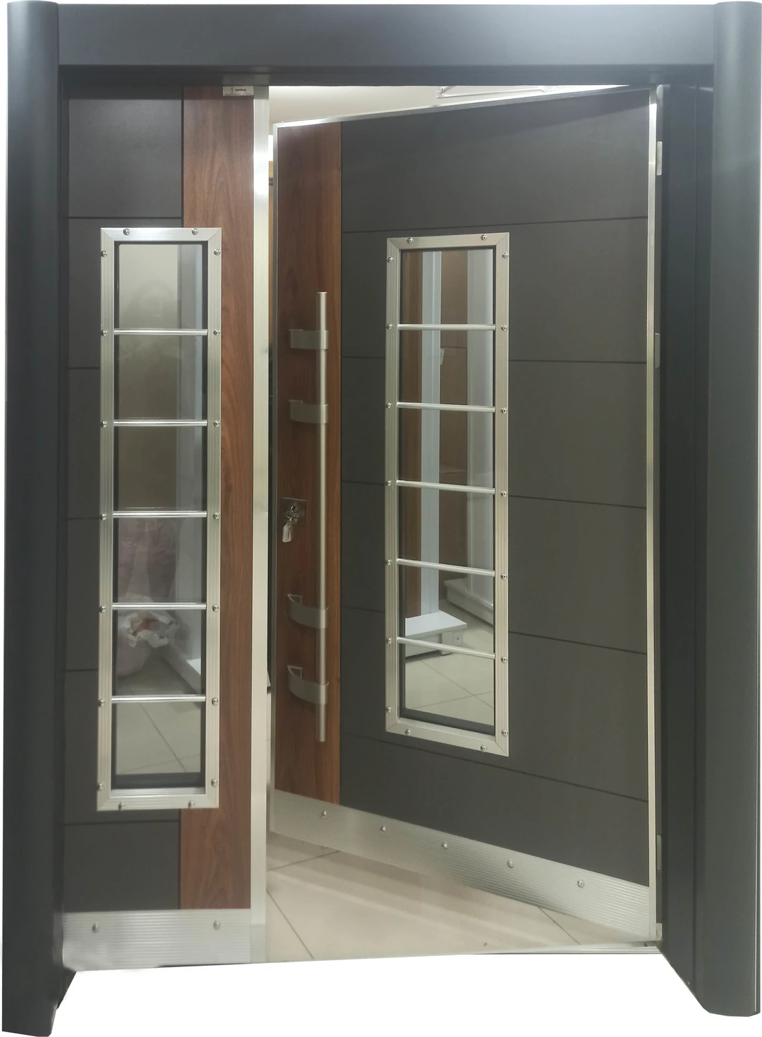 Antrasit Rengi Bina Giriş Kapısı, Iki Renk ( Ahşap Desenli ) Apartman Giriş Kapısı, Çelik Kapı