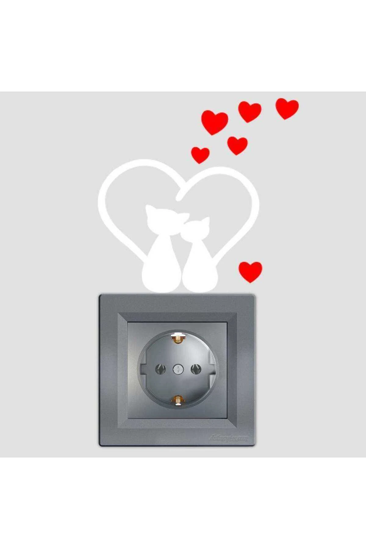 Kuyrukları Kalp Olmuş Kırmızı Kalpli Kedicikler Priz Sticker Etiket