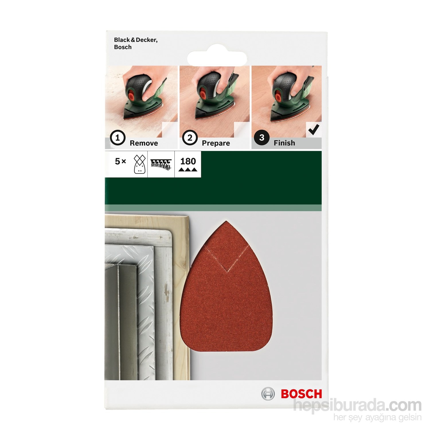 BOSCH - Multi Zımpara Kağıdı 5'Li, 95 X 135 Mm 180 Kum 4 Delik