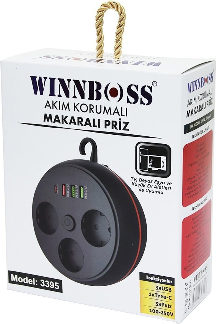 3395 Akım Korumalı Makaralı 2m Kablolu 3 Prizli 3 USB 1 Type-C Priz