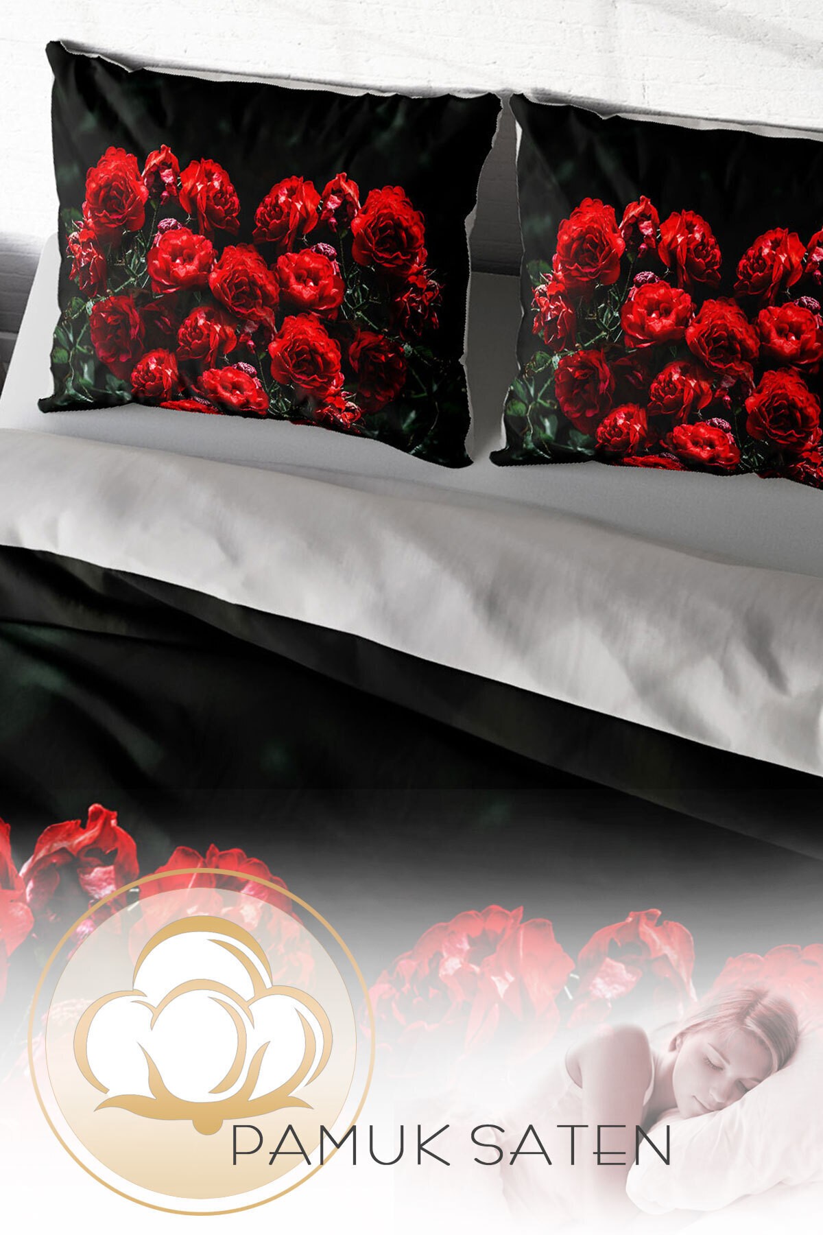 Lastikli Çarşaflı %100 Pamuk Saten Çift Kişilik Nevresim Takımı Red Black Roses