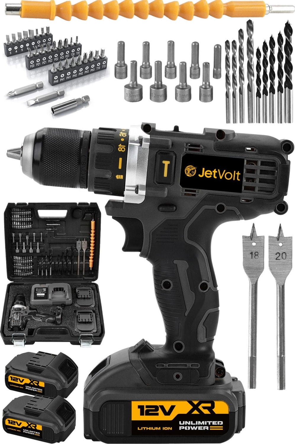 12V 2.0AH Çift Akülü Matkap Seti, 84 Parça, Metal Şanzıman, Bakır Sargılı Siyah
