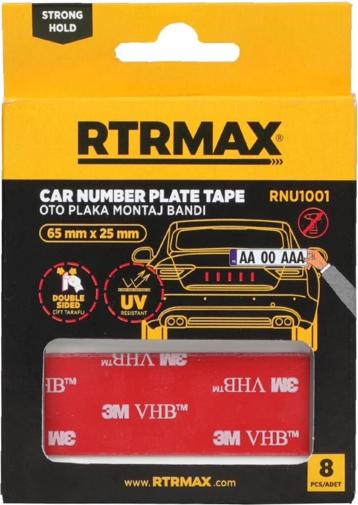 RNU1001 Çift Taraflı Oto Plaka Montaj Bandı 65 mm x 25 mm - 8 Adet