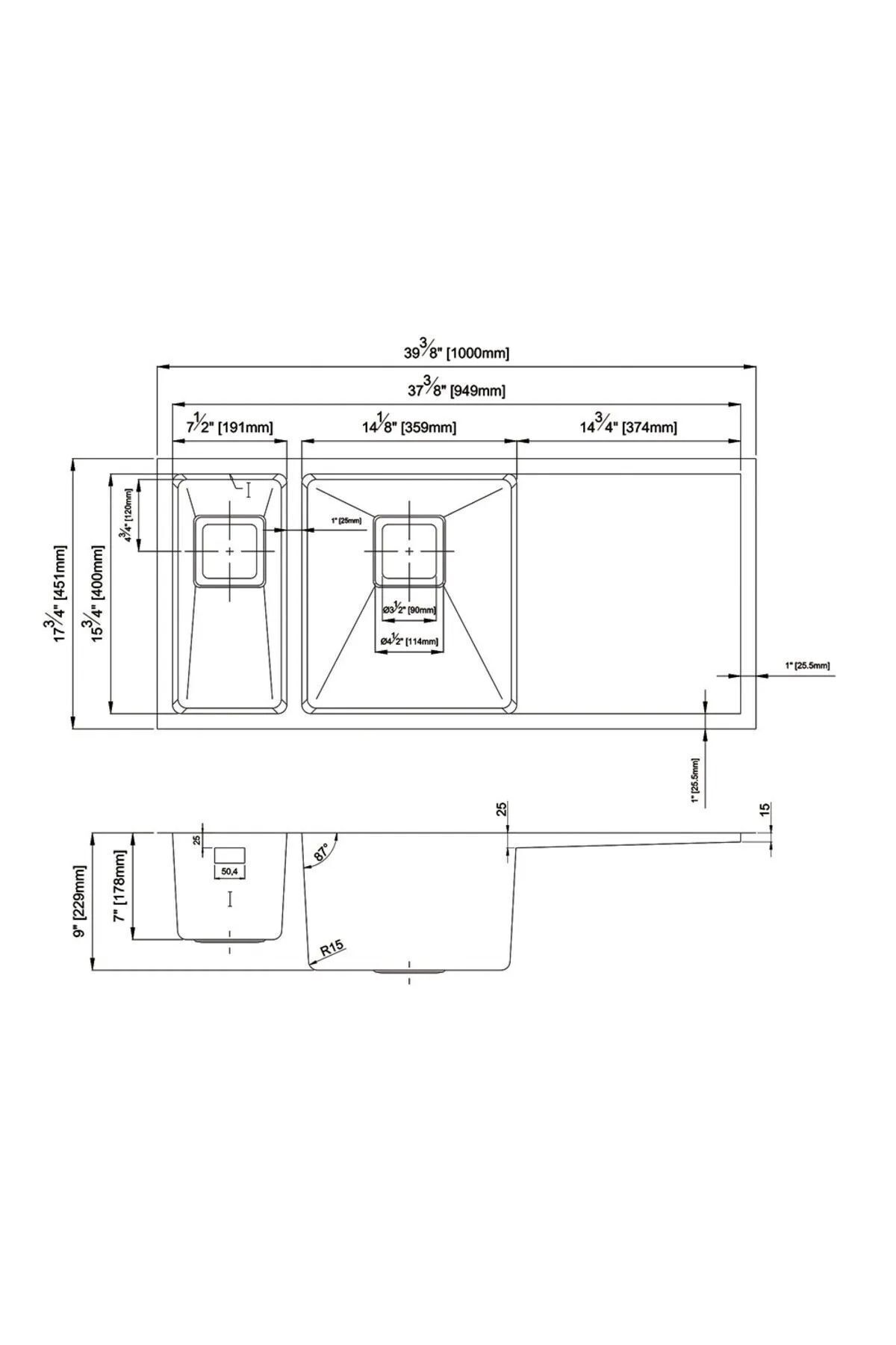 Meta 4018 45×100 Eviye Seti Sağ Damlalıklı Pvd Kaplama Füme Siyah Evye+Batarya (Musluk)