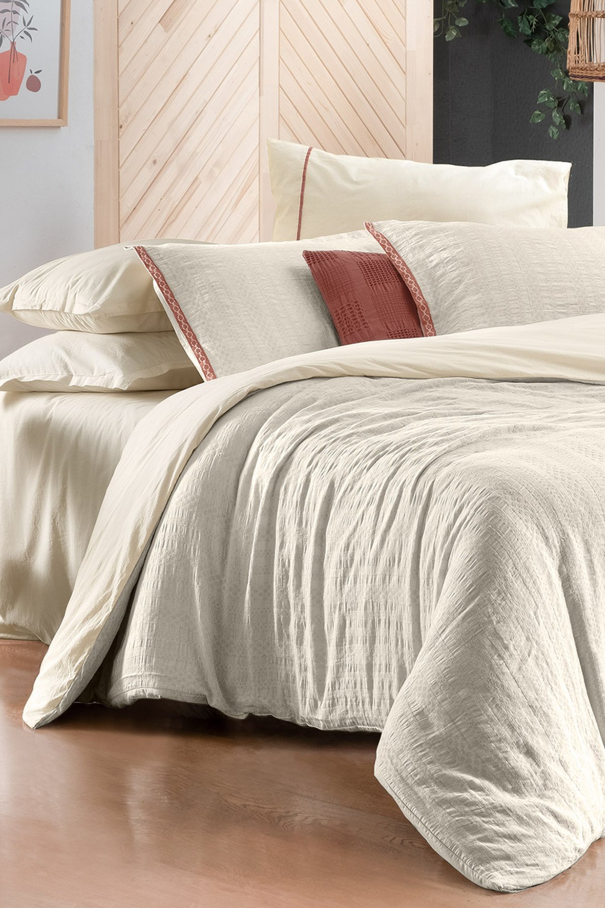 Palencia Ekru Çift Kişilik %100 Pamuk Mood Comfort Nevresim Takımı