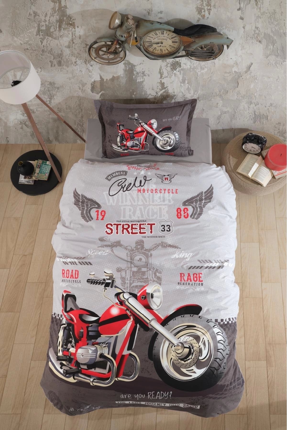 Street King Gri Tek Kişilik %100 Pamuk Nevresim Takımı