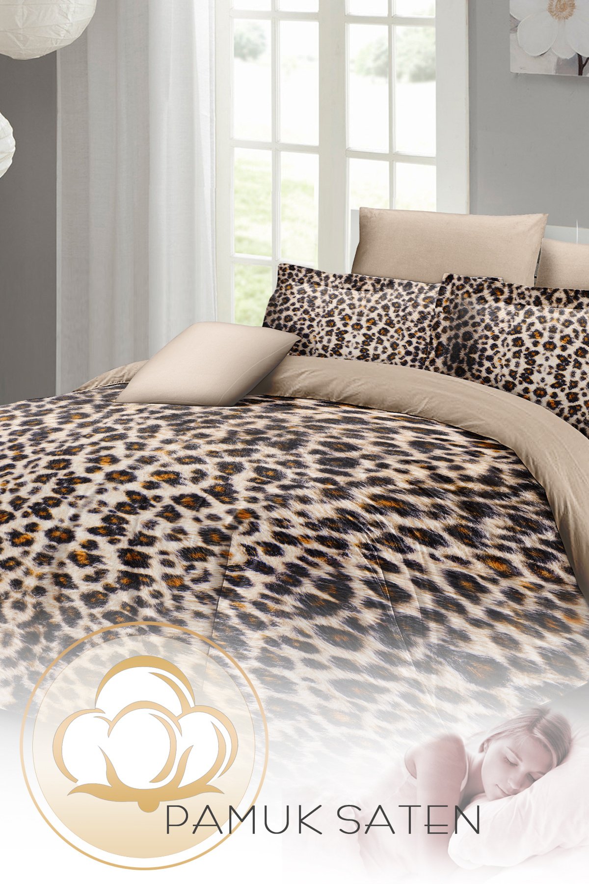 Kıng Sıze %100 Pamuk Saten Çift Kişilik Nevresim Takımı Small Leopard 220x240cm