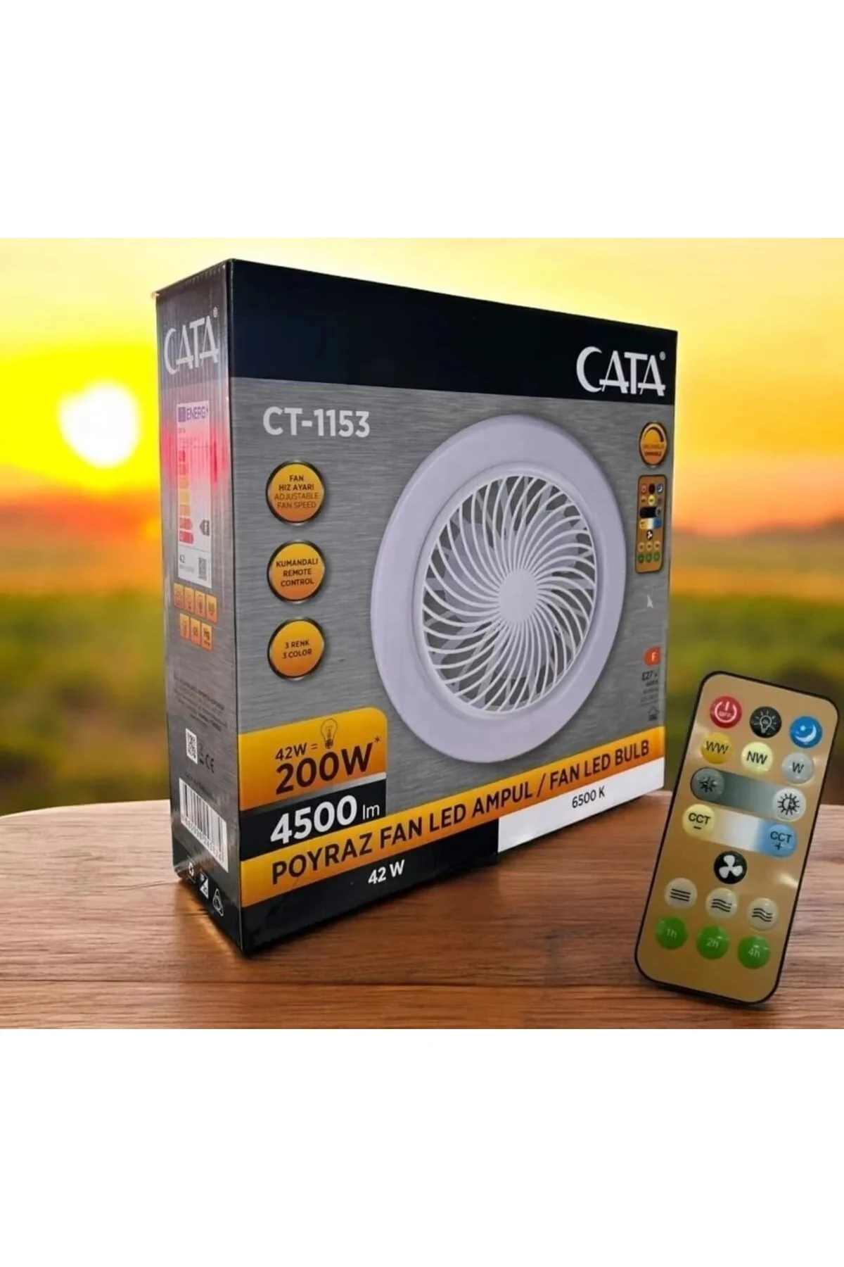 CT-1153 Fanlı 42W 3 Renk Dim Edilebilir Kumandalı Poyraz LED Ampul E27 Duy