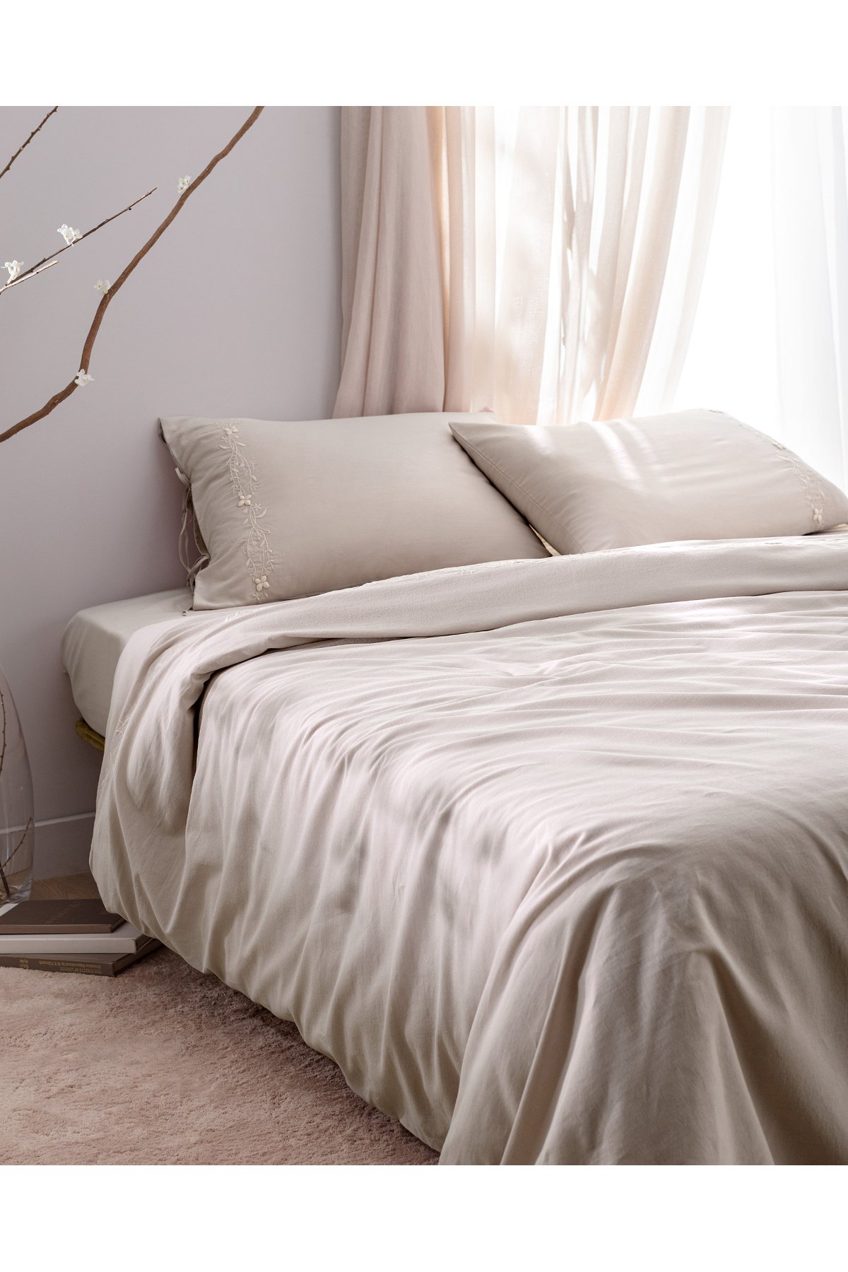 King Size %100 Pamuk Nakışlı Nevresim Takımı - Bej