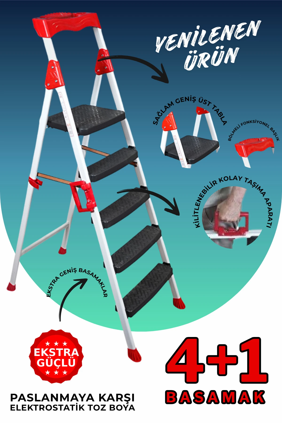 Elegance 4+1 Geniş Basamaklı Kolay Taşıma Aparatlı Merdiven Kaliteli Paslanmaz