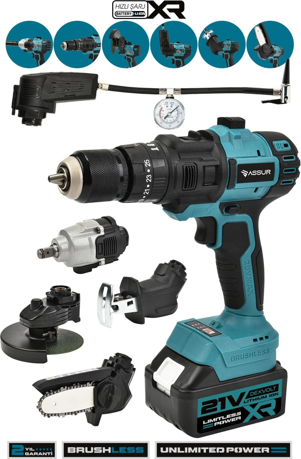 6'Lı Muhteşem Set Hava Pompası Şarjlı Matkap Testere Tilki Kuyruğu Taşlama Somun Sökme