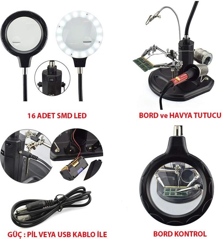 802 Büyüteç Lehim Havya Sehpa Standı Yardımcı El LED 2.5/4x