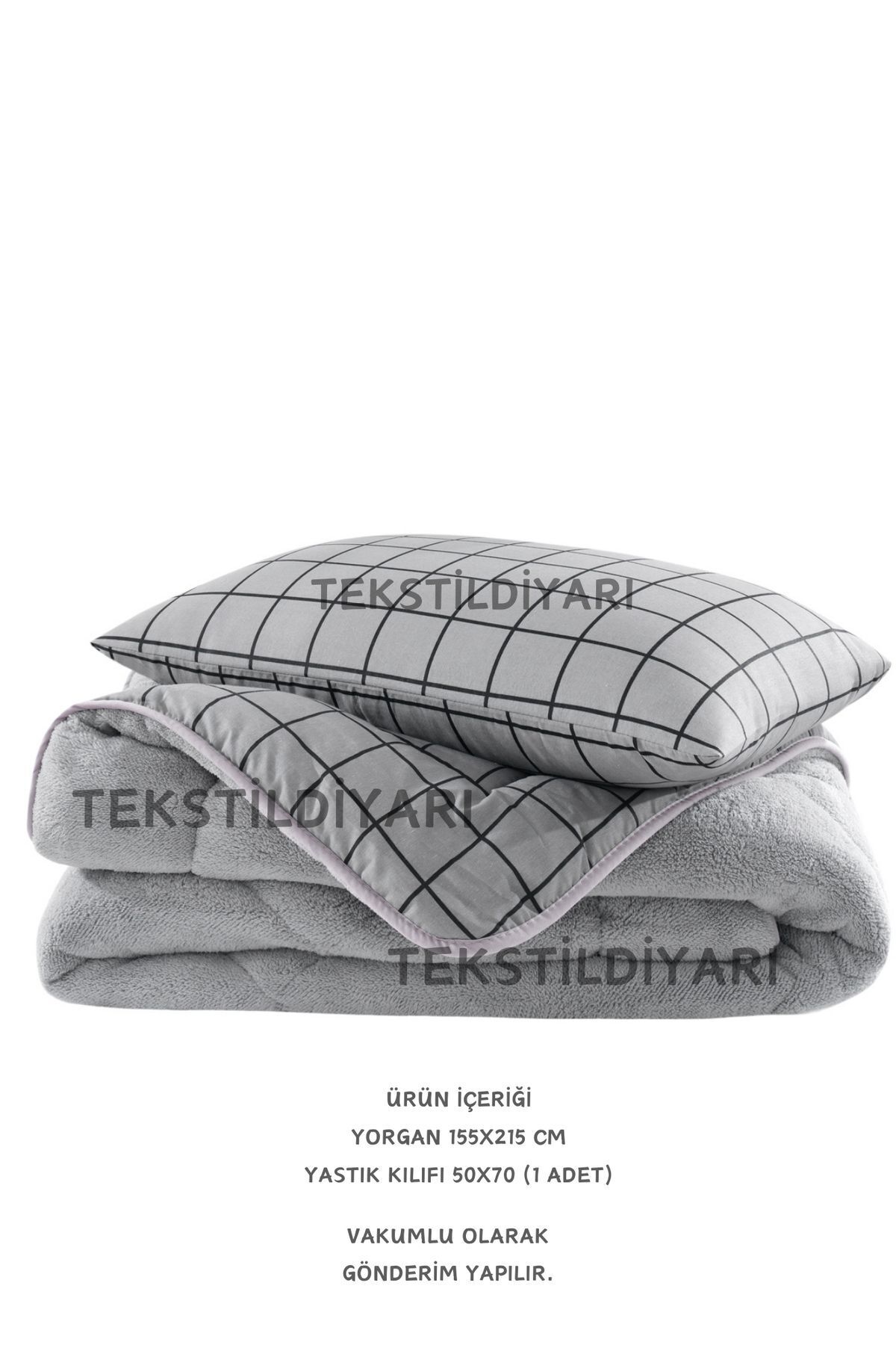Tek Kişilik Çift Taraflı Welsoft Yorgan Füme Kare
