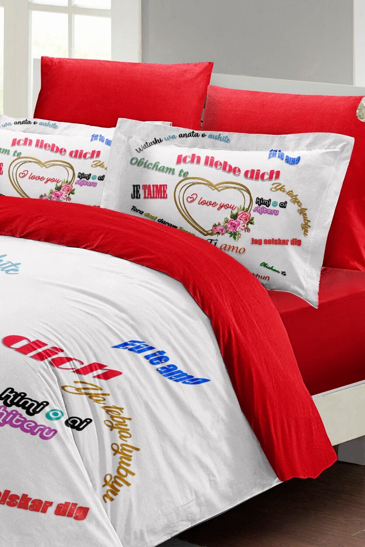 Kıng Sıze Sevgililer Günü Çift Kişilik Nevresim Takımı%100 Pamuk Saten Her Dilde Aşk 220x240cm