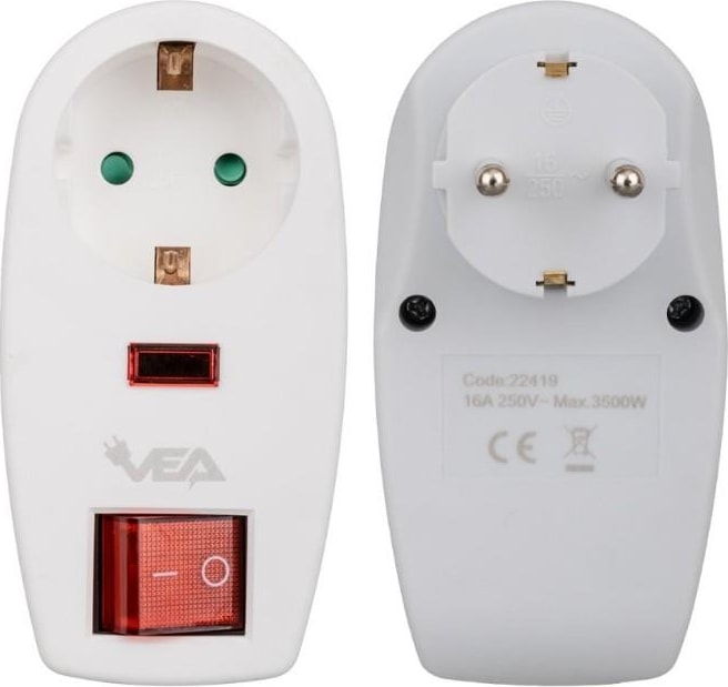 VE-22419 16 Amper - 3500 Watt LED Göstergeli Anahtarlı Tekli Akım Korumalı Priz