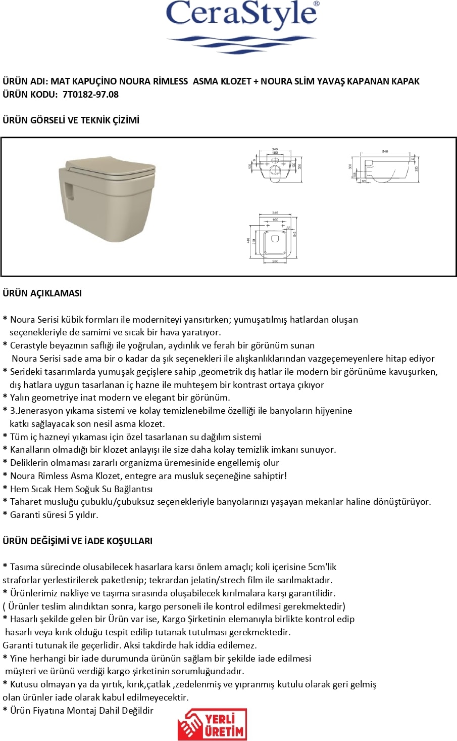 Mat Kapuçino Noura Asma Klozet + Yavaş Kapanır Uf