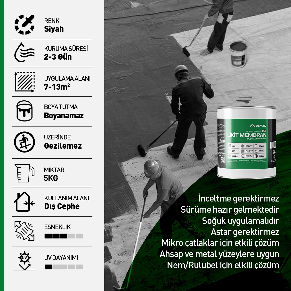 5 kg Lite Likit Membran Kauçuk ve Elyaf Katkılı Sıvı Su Yalıtım Malzemesi