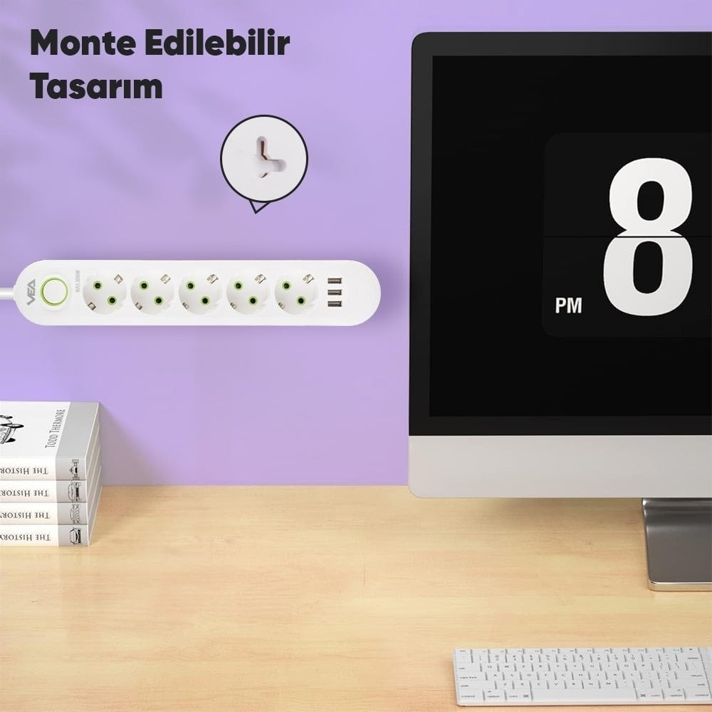 Beyaz 5'lü Akım Korumalı Priz 3 USB 1,5 Metre Elektronik Ürün Koruyucu Uzatma Kablosu Vea