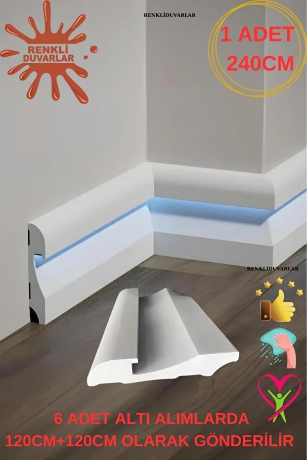 11.5cm x 240cm Polimer Lake Beyaz Ledli Süpürgelik Salon Ev Ofis Koridor Çıta Parke Süpürgelik