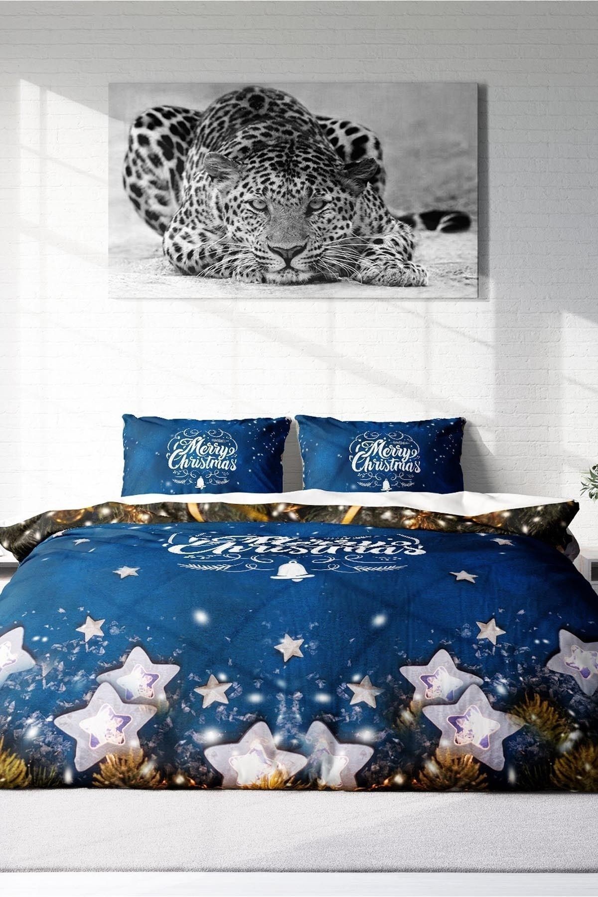 Yılbaşı Nevresim Takım %100 Doğal Pamuk Merry Christmas Çift Kişilik Blue Stars