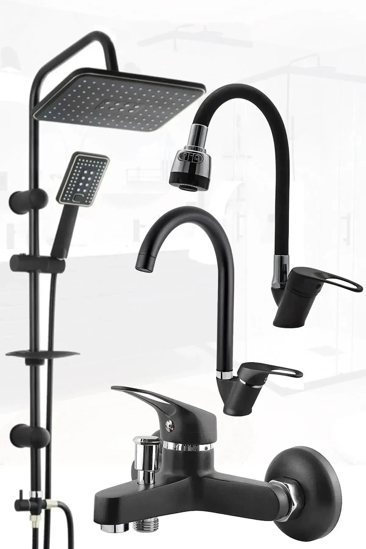 Teginyapımarket Robot Siyah Spiralli Tepe Yağmurlama Duş Seti Mutfak Banyo Lavabo Batarya Musluk Set
