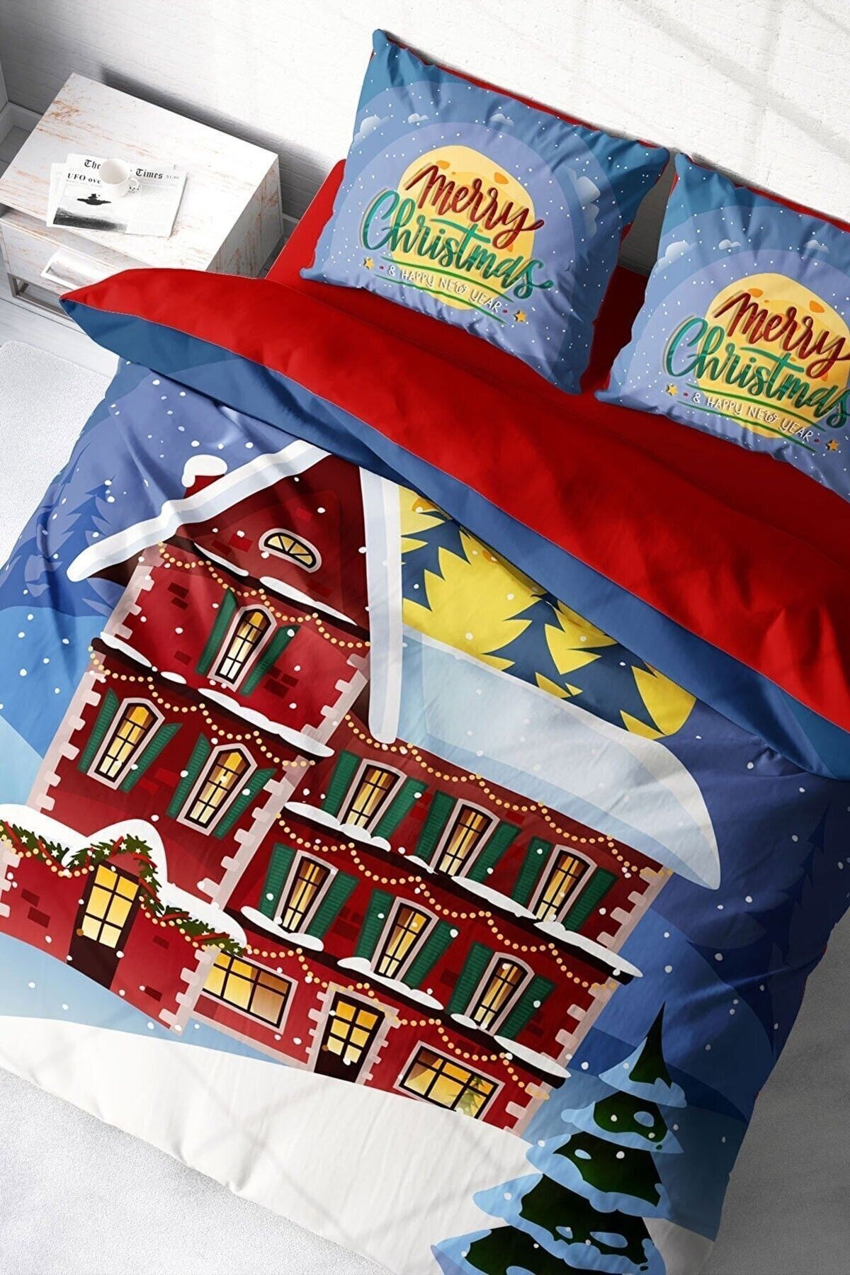 Yılbaşı Süsü Red House* Noel %100 Pamuk Saten 3d Çift Kişilik Nevresim Takımı