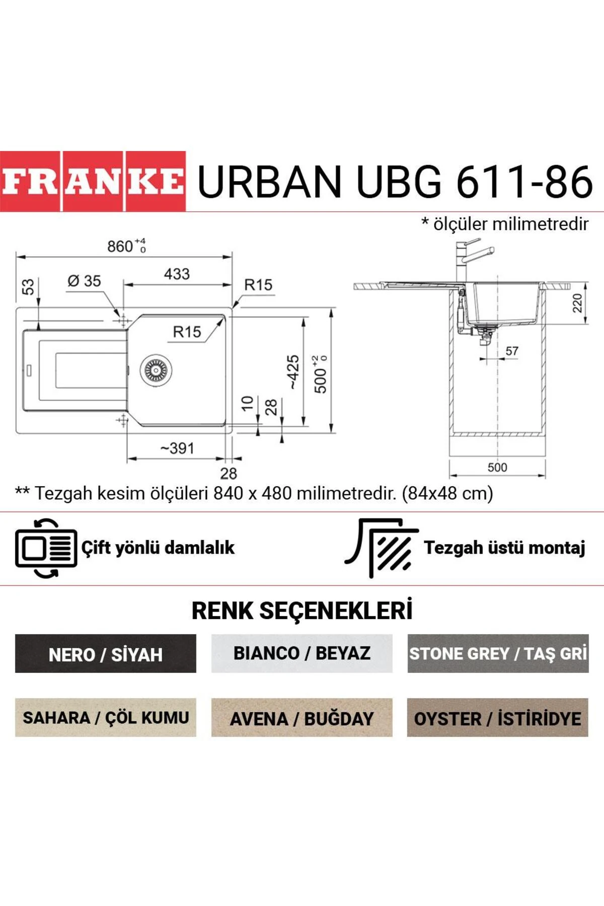 Urban UBG 611-86 Granit Evye, Stone grey, Tezgah üstü, Tek hazne, Damlalıklı, 86x50 cm