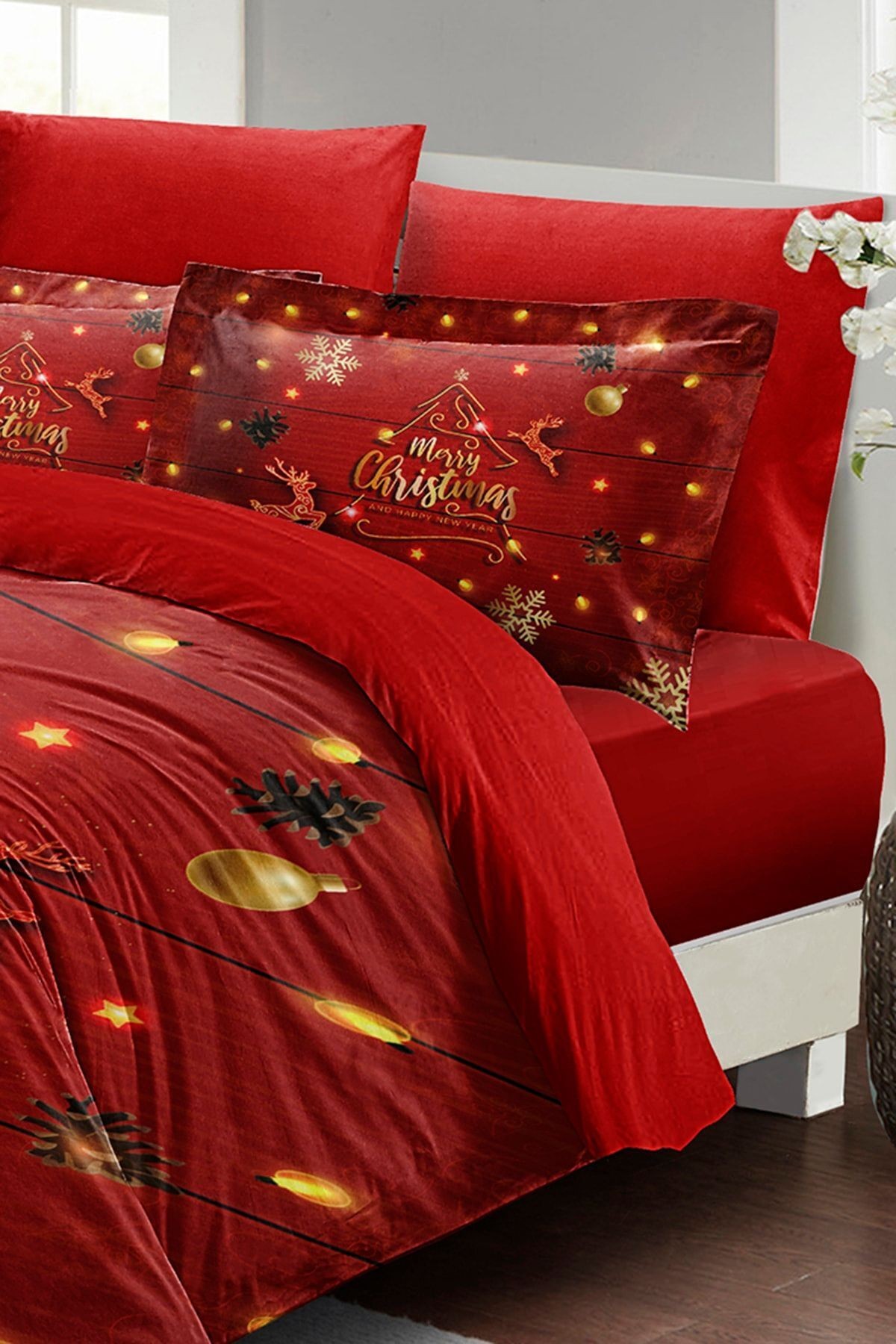 Yılbaşı Süsü Pine Tree Deers Noel %100 Pamuk Saten 3d Çift Kişilik Nevresim Takımı