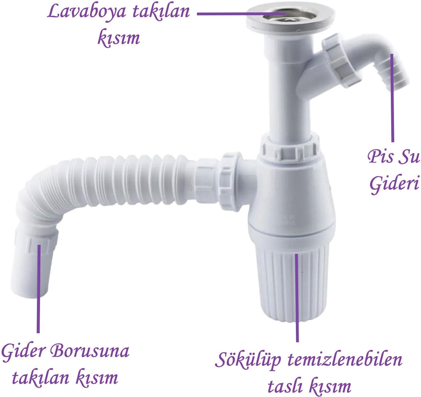 Pis Su Giderli Sökülebilir Tas'lı Çift Gider Sifon Körüklü Temizlenebilir Mutfak Banyo Lavabo Boru