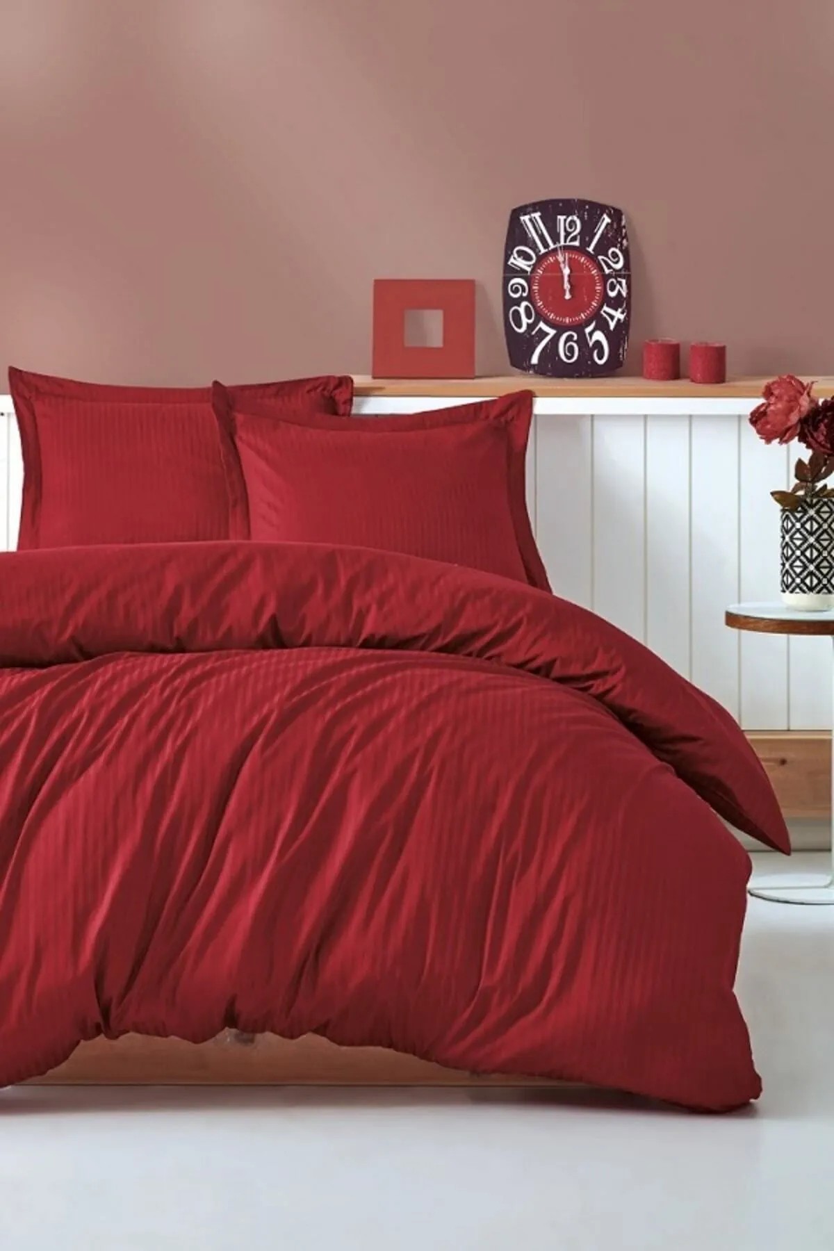Elegant Stripe Çift Kişilik Nevresim Takımı Saten Bordo
