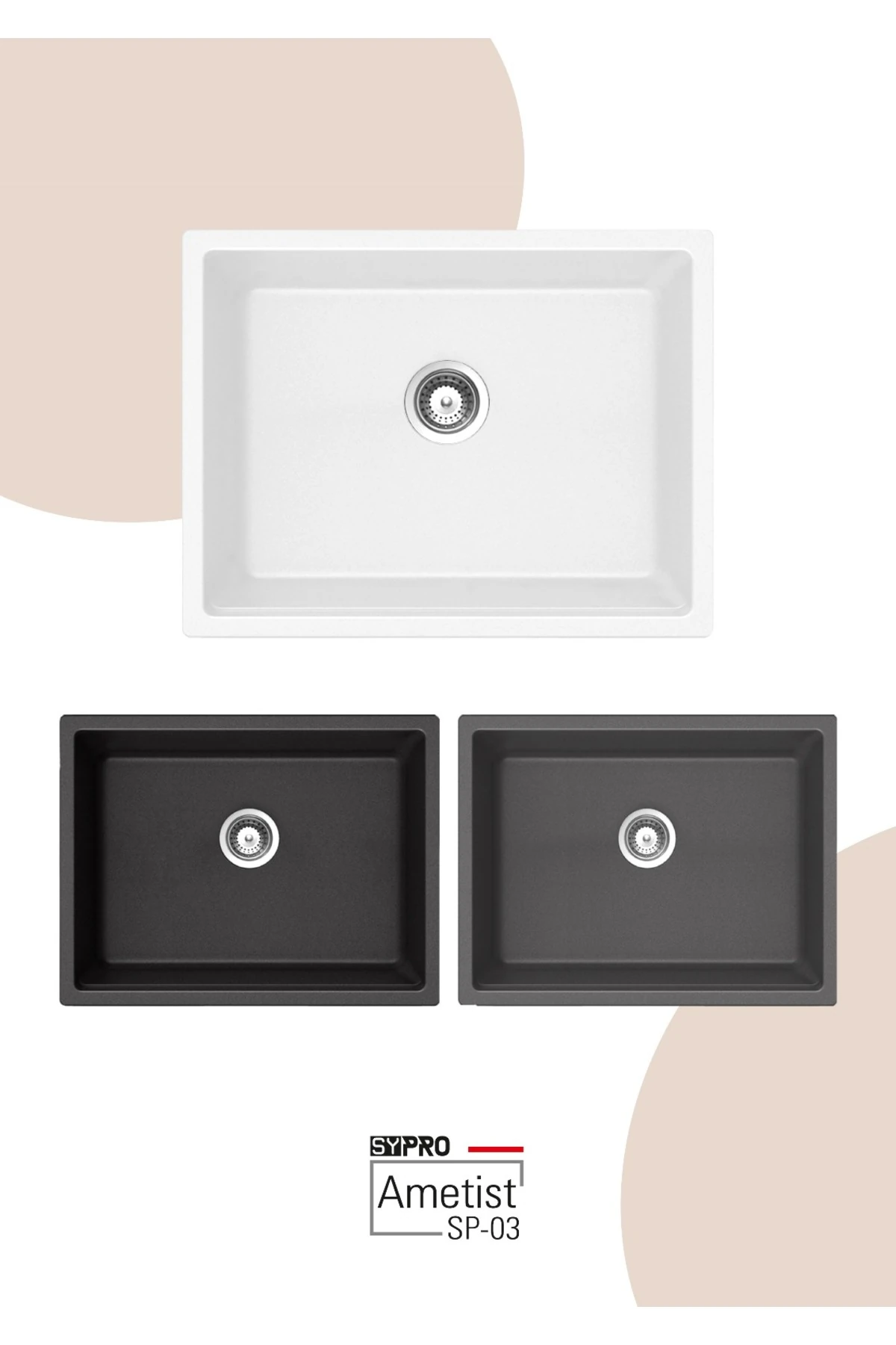 Granit Eviye | Kare | Ekstra Geniş Hazne | Beyaz | Ametist Sp06 | Evye