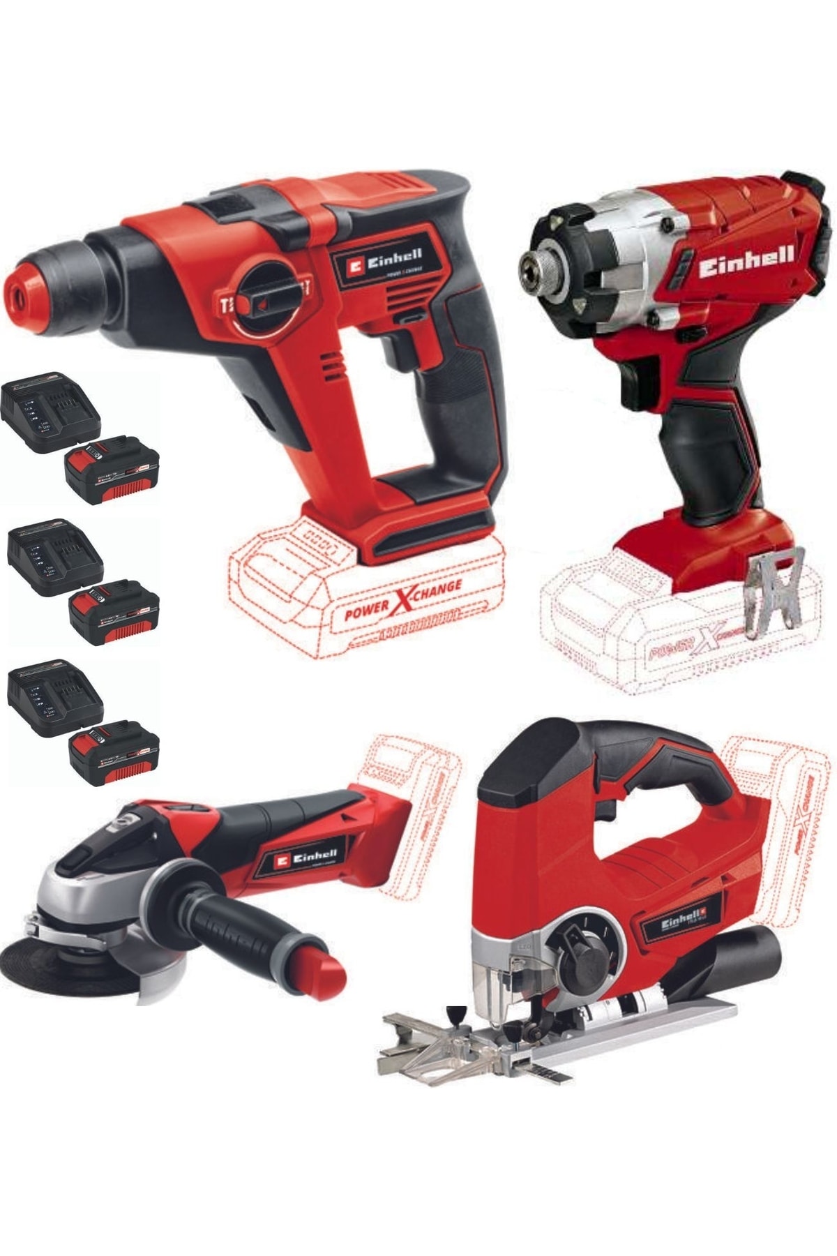 EİNHELL Te-hd 18/12 Matkap Te-cı 18/1 Vidalama Te-ag 18/115 Taşlama Te-js 18 Dekupaj 3x4.0 Akülü Set