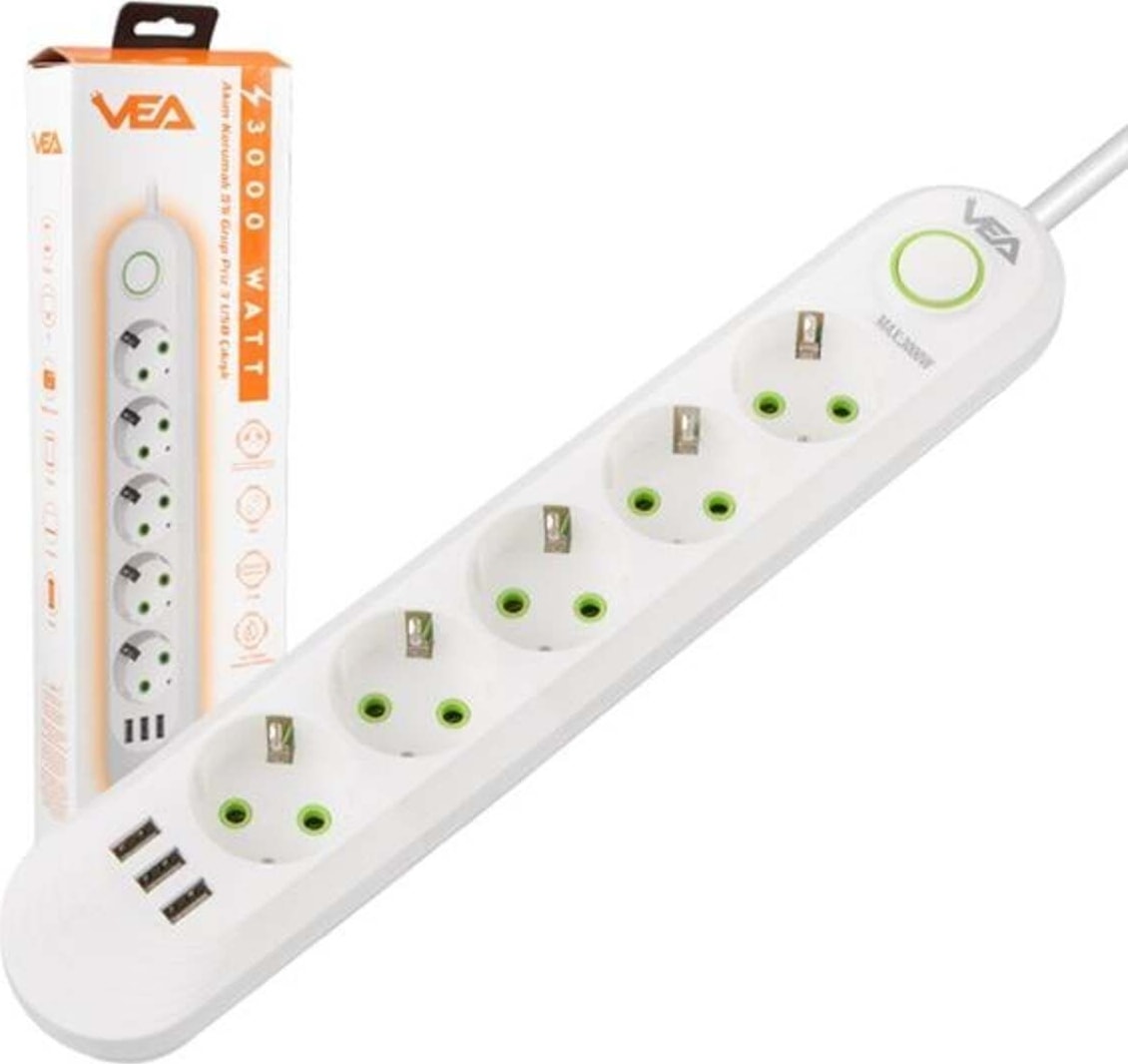 M3LFS-  VA-21562 5'li 1.5 mt Kablolu 3 Usb'li Beyaz Akım Korumalı Priz