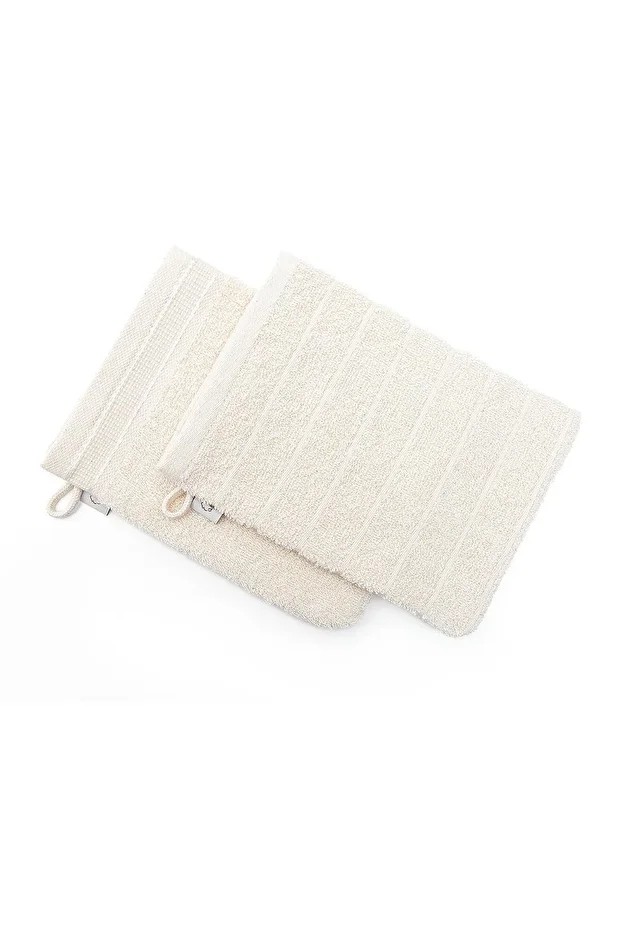 Havlu Banyo Kesesi %100 Pamuk Bukle 2'li Set Çizgili-Kapama Bordürlü Krem 15x20 Cm