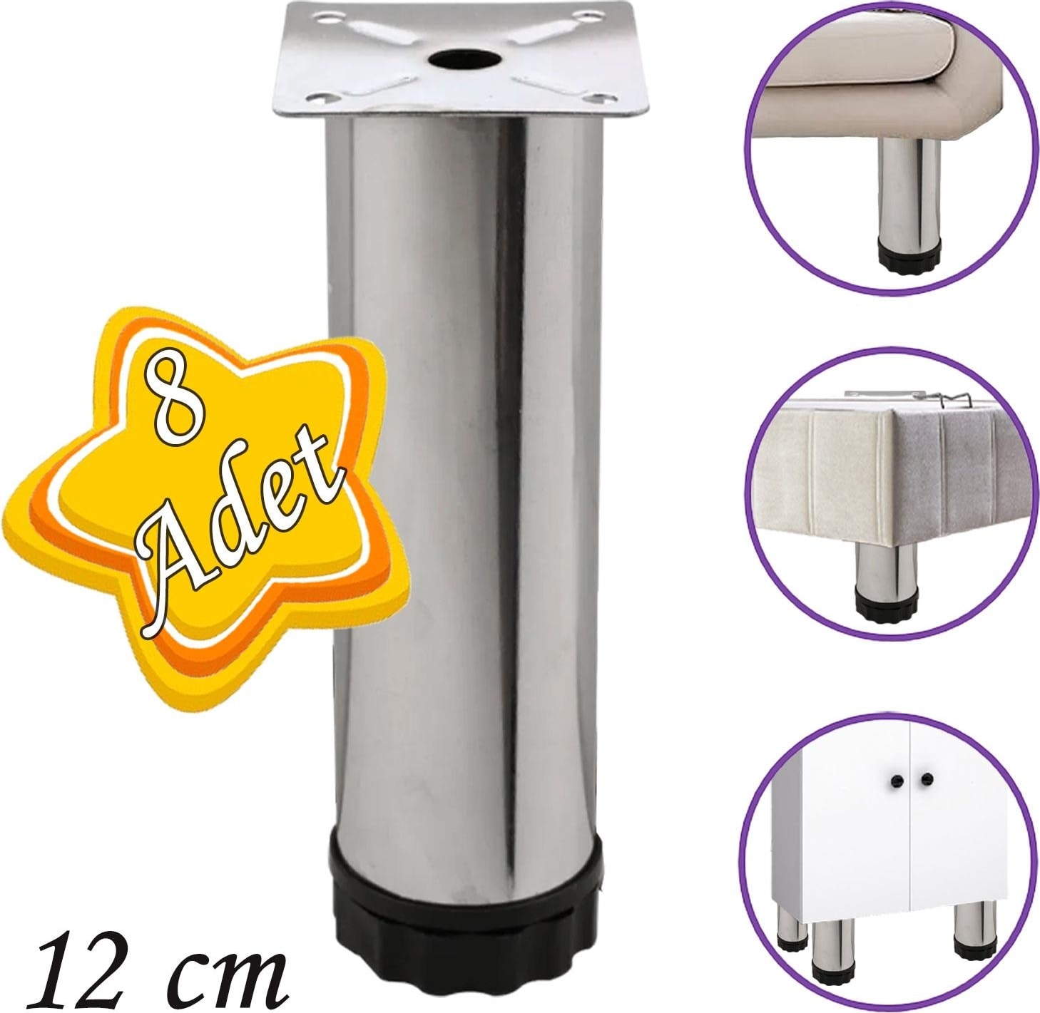 8 Adet Metal Ayarlanabilir 12 cm Krom Destek Ayağı Mobilya Kanepe Baza Koltuk Dolap Sehpa Tv Ünitesi Ayağı