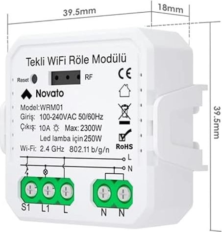 Tuya Uyumlu Tekli Wifi Akıllı Anahtar (10A - 220V Röle) - Tek Çıkışlı, Anahtar Girişli