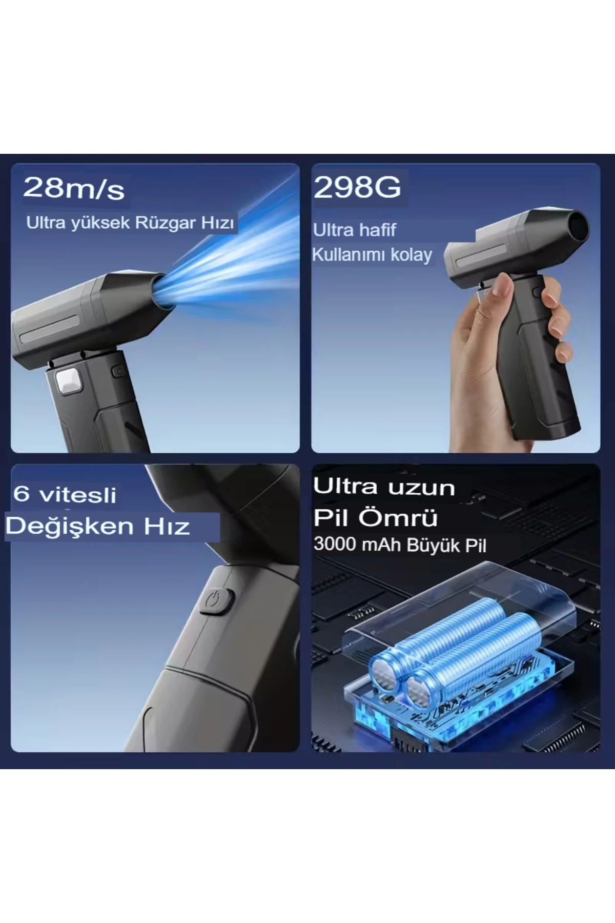 3’Ü 1 ARADA HAVA KOMPRESÖRÜ | LED IŞIKLI | 6 HIZLI EL FANI & VAKUM ÜFLEYİCİ | TURBO JET