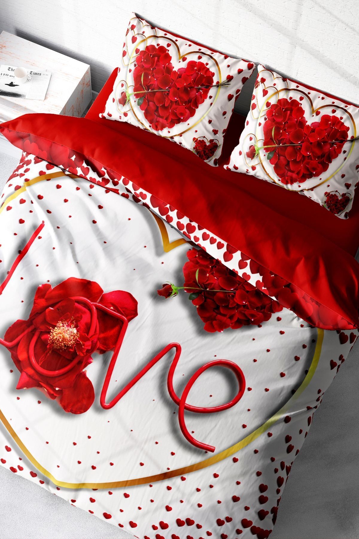 Sevgililer Günü Özel Çift Kişilik Nevresim Takımı Pamuk Saten Love Feather