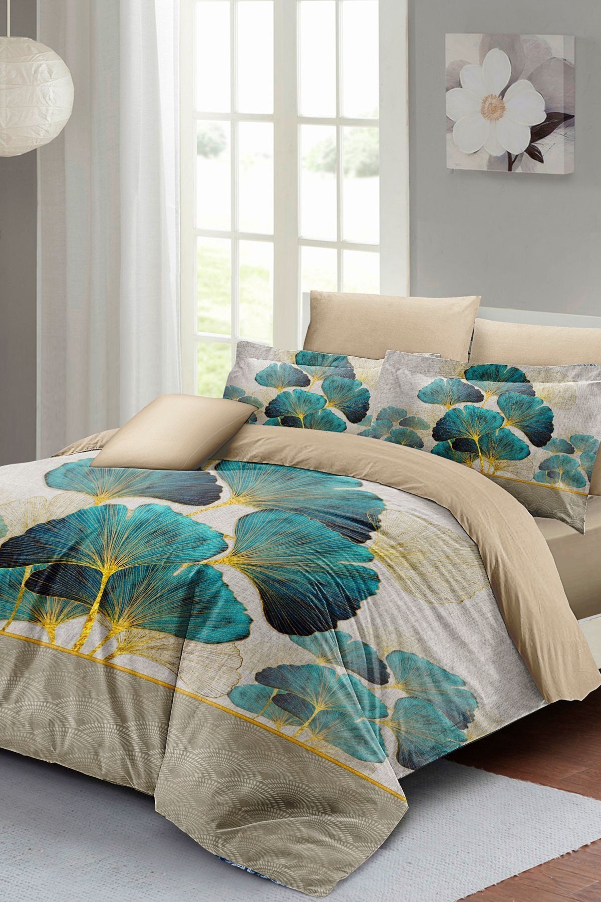 Luxury Leaves linens Çift Kişilik Pamuk Saten Nevresim Takımı