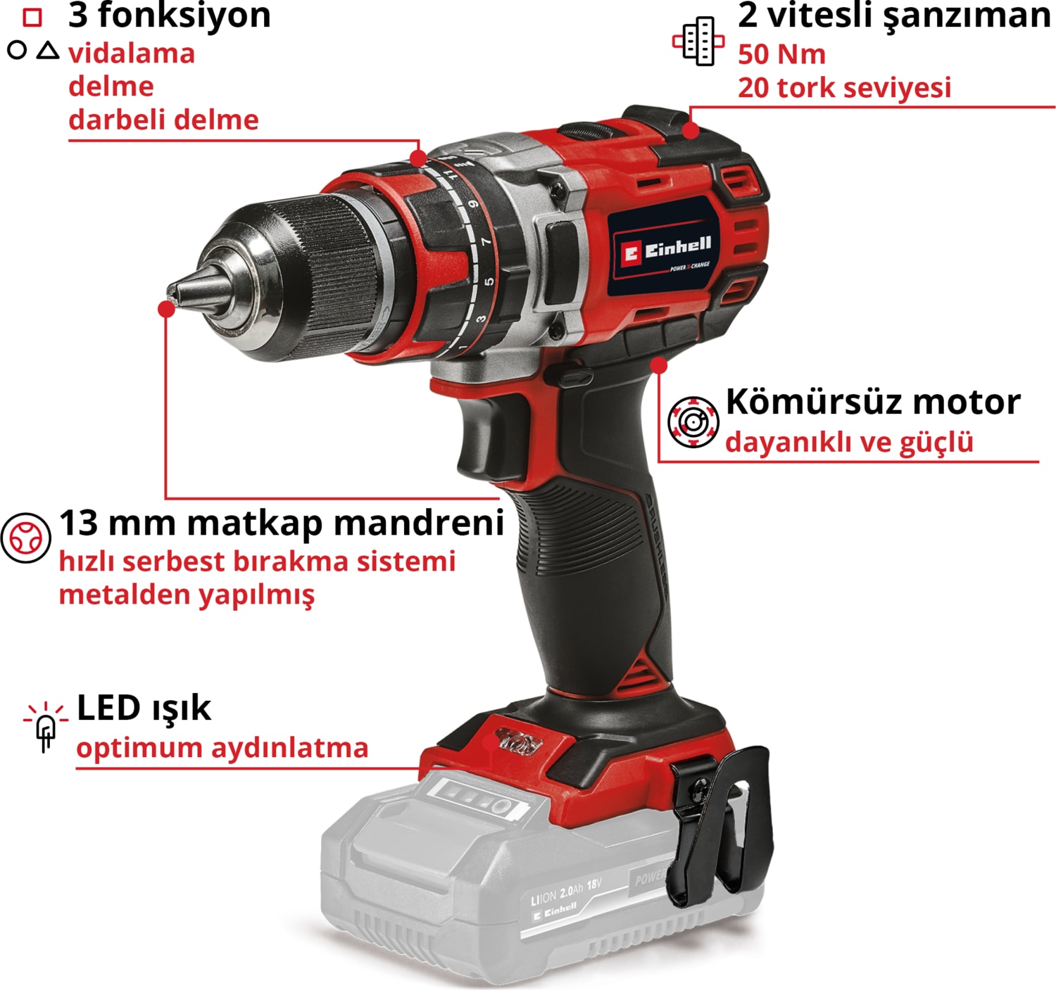 EİNHELL Professional Akülü Darbeli Vidalama TP-CD 18/50 Li-i BL Solo Power X-Change (18V, Kömürsüz, 50 Nm, Darbeli Vidalama Fonksiyonu, 2 Vites, 13 mm Mandren, akü dahil değildir) - 4513942
