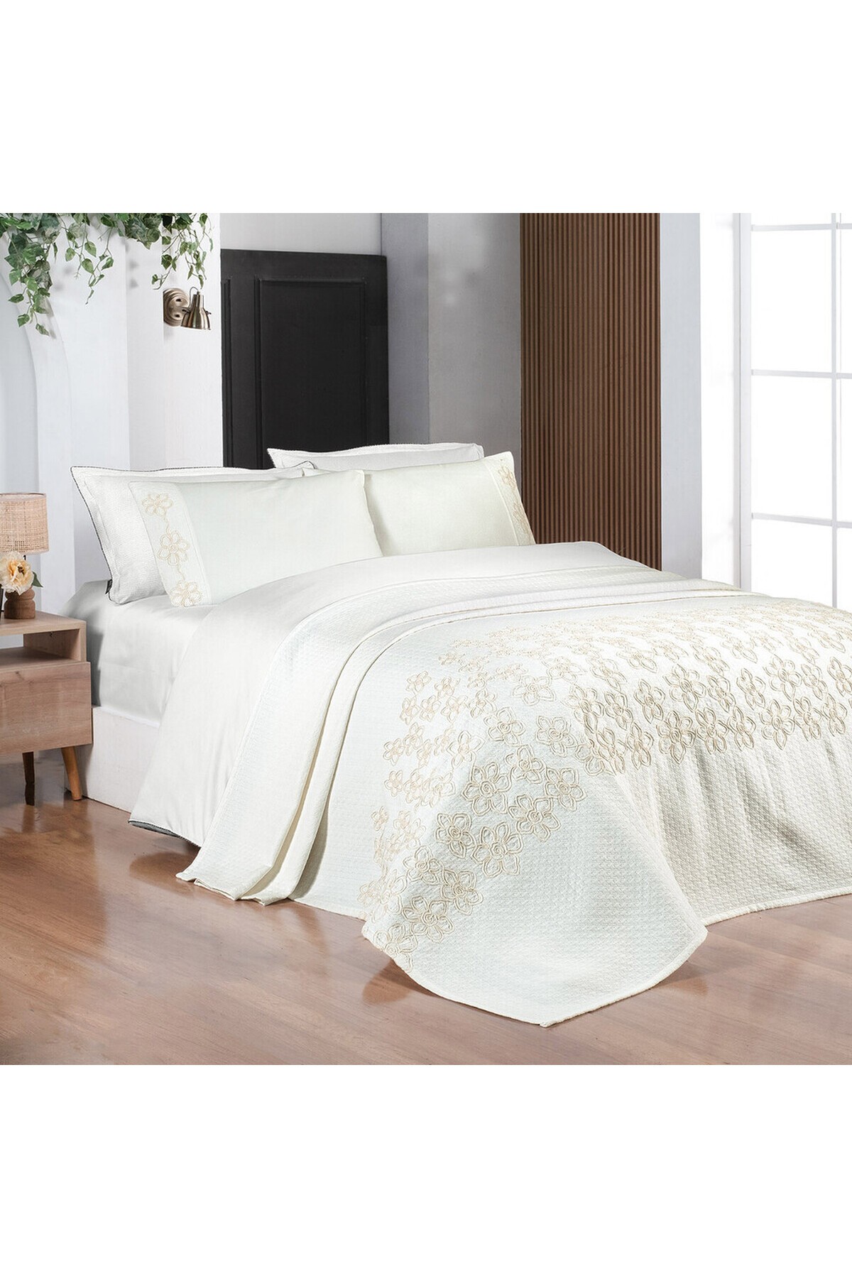 Shida Ekru Havlu Seti Çift Kişilik Pamuk Wedding Pike Seti