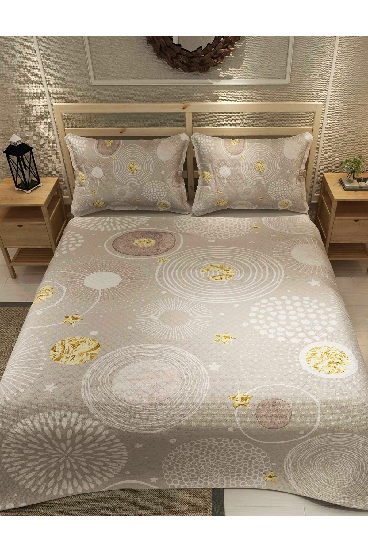 Pike Takımı Pamuklu Çift Kişilik Jakar Dokuma Yatak Örtüsü Soft Circles
