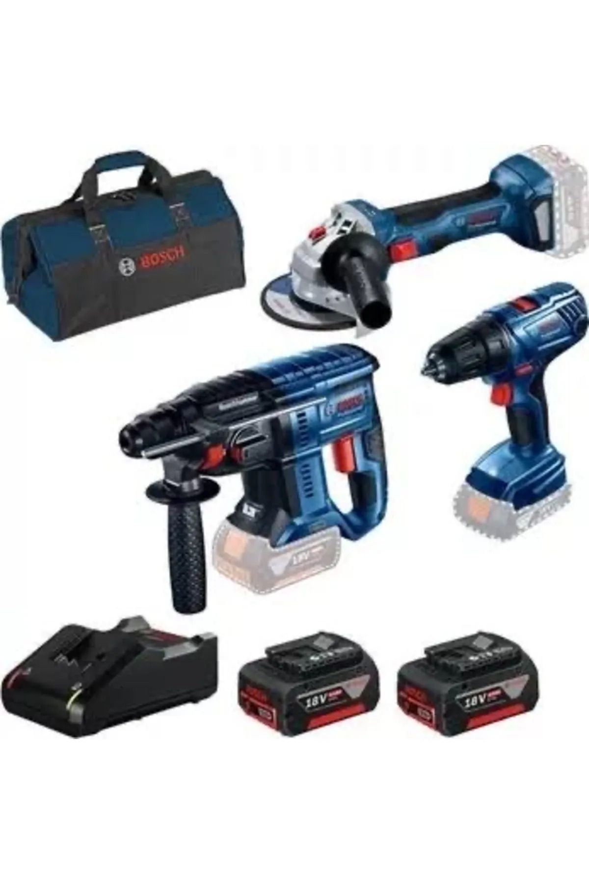BOSCH Gsr18v-50şarjlı Vidalama Gws180şarjlı Taşlama Gbh180 Şarjlı Kırıcıdelici 2x4ah Akü1xdolm Cihaz