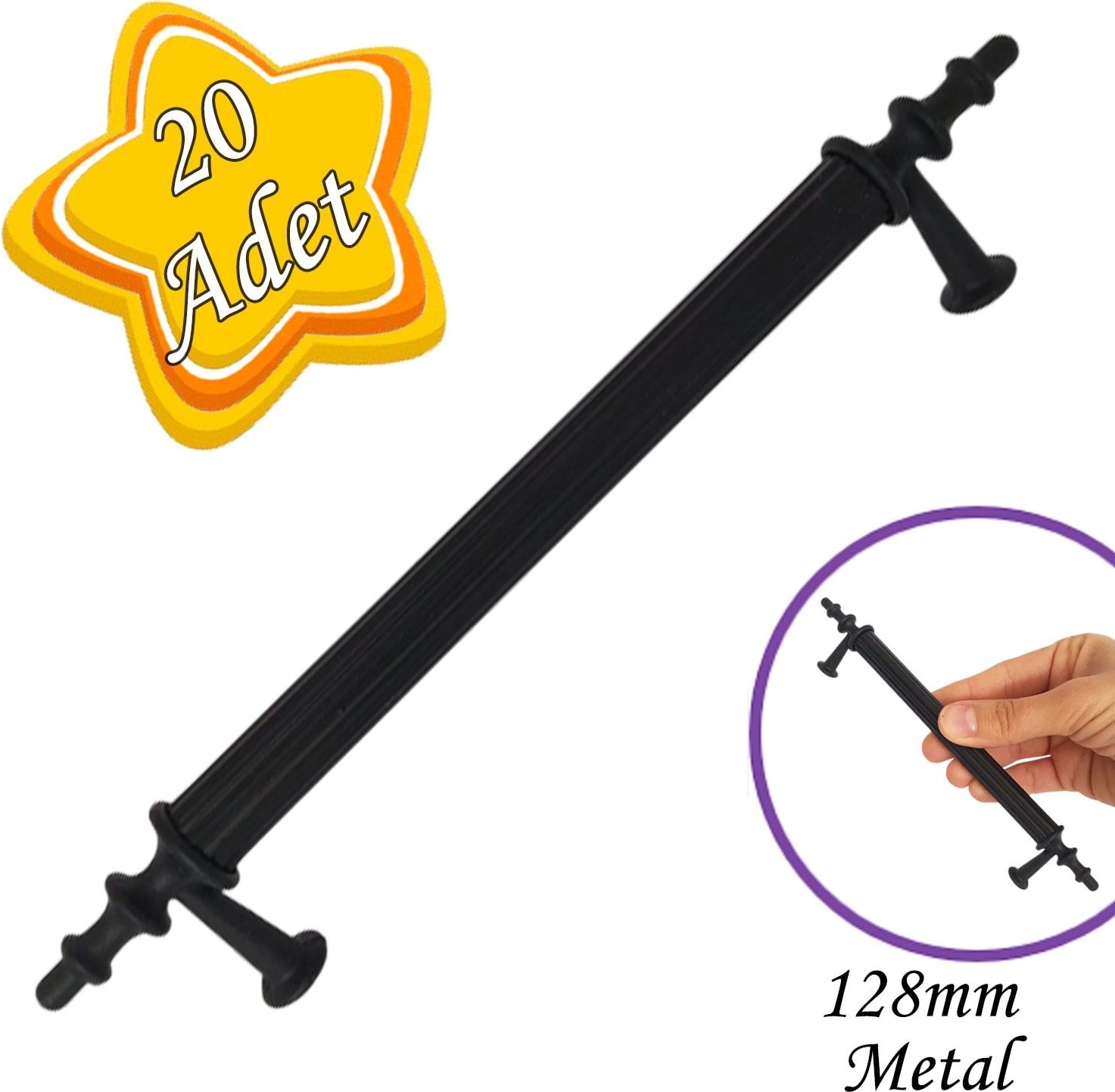20 Adet Erciyes Kulp Siyah 128 mm Kulp Mobilya Mutfak Dolabı Çekmece Dolap Kapak Kulpu Kulbu Metal Kulpları